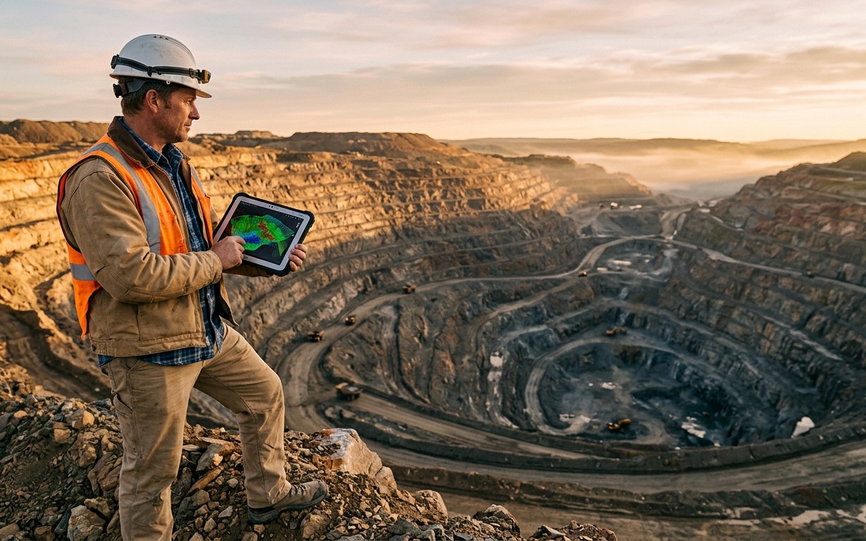 Géologue au bord d'une mine à ciel ouvert au lever du soleil